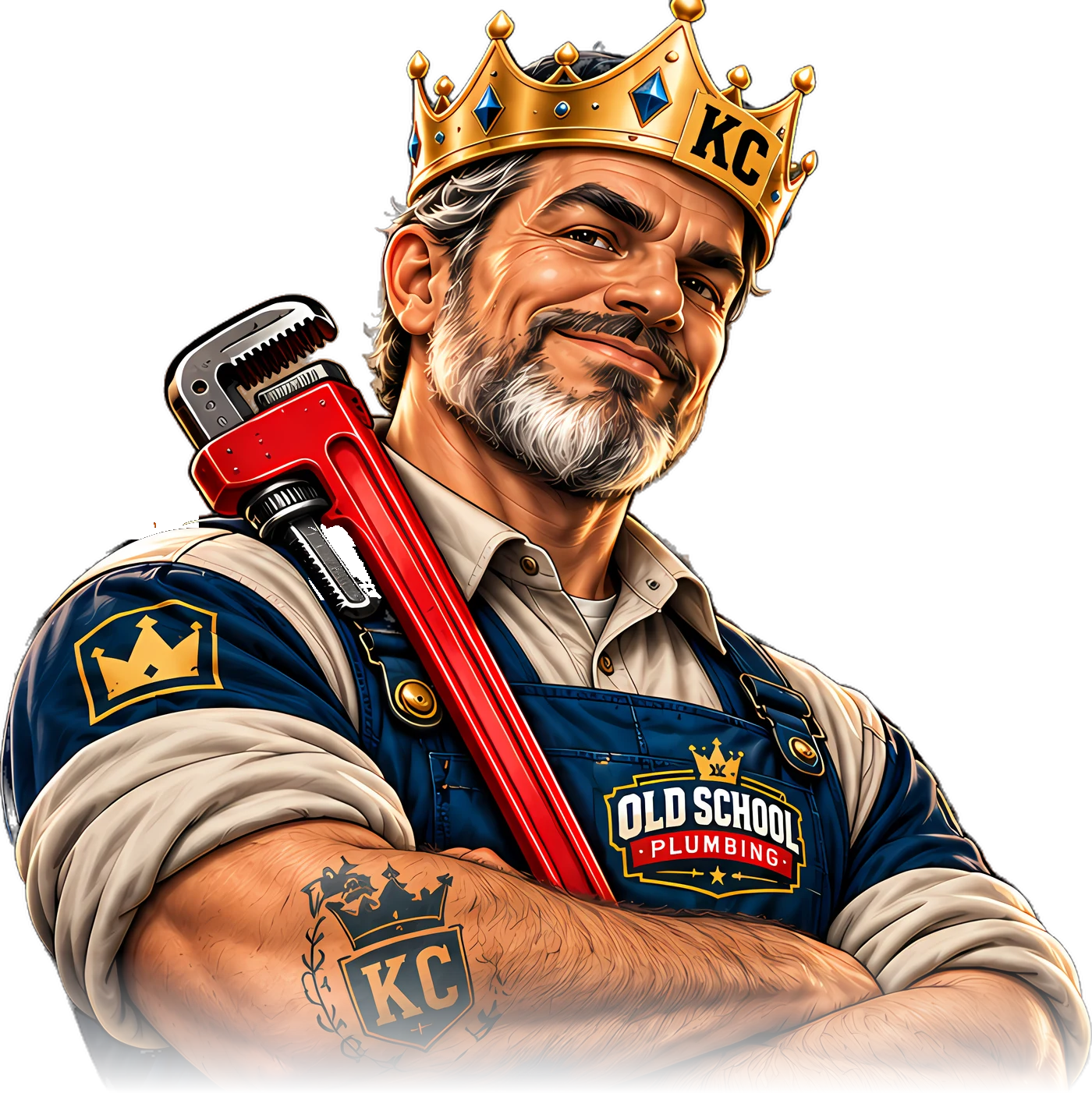 The Royal Plumber, Old School Plumbing KC's crowned mascot, arms crossed with a red pipe wrench on his shoulder